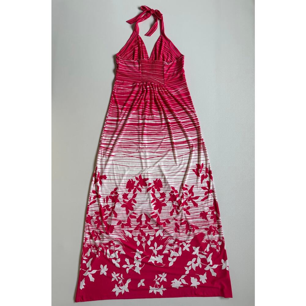 New BCBGMaxazria Women's Red White Floral Pleate Bodice Maxi Halter Dress Size L - Picture 6 of 12